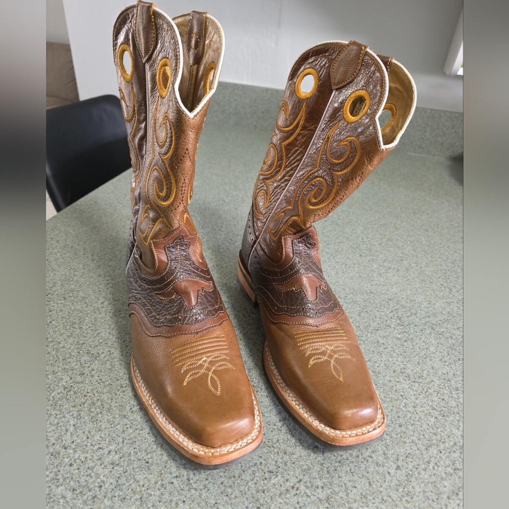 Original Reyme Men's Brown Leather Square Toe Mid-Calf Western Boots Size 9.5.